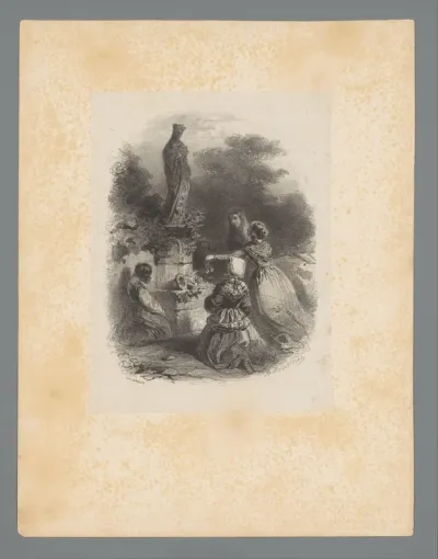Vrouwen knielen voor een heiligenbeeld