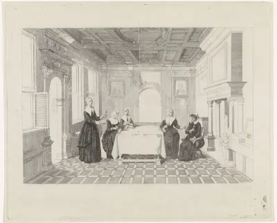 Vrouwen met bloemen in een vertrek