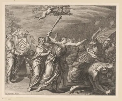 Vrouwen met knots, zwaard, en teugel verdrijven soldaten
