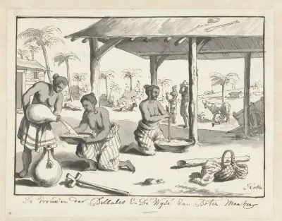 Vrouwen van de stam der Bellales op Ceylon maken boter