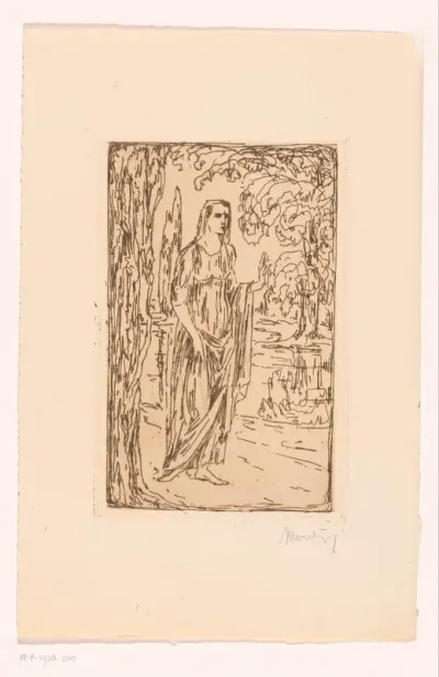 Vrouwenfiguur in landschap met cipressen