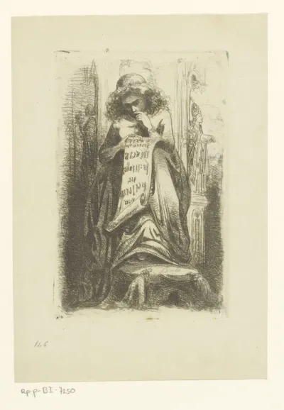 Vrouwenfiguur leest een banderol over het leven van Maria