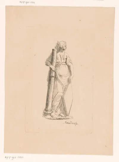 Vrouwenfiguur met gebroken zuil en ruitvormig schild