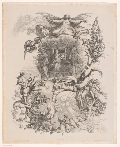 Vrouwenfiguur voor een gebouw gedragen op een plant