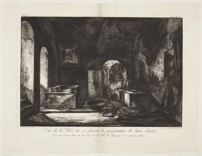 Vue de la piecé ou se faisoit la préparation du bain chaud, dans une maison batie sur les murs de la Ville de Pompeiia, et en faisant partie