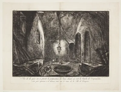 Vue de la piecé ou se faisoit la préparation du bain chaud, on voit la bouche de lIpocaustum. Cette piéce apartient à la Maison située sur les murs de la Ville de Pompeiia