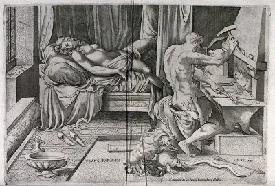Vulcan forges metal chains while Venus sleeps
