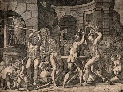 Vulcan (Hephaestus) and his assistants make armour and metal chains