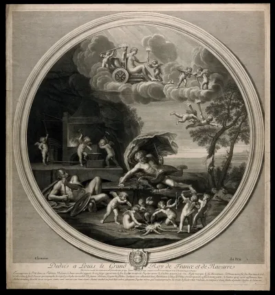 Vulcan in his forge with Jupiter throwing bolts of lightning, Venus in the sky above: symbolising the element fire