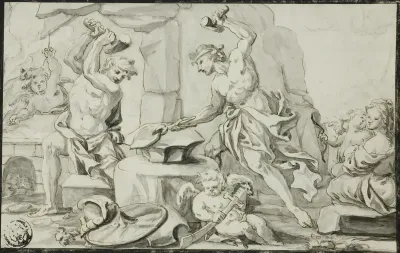 Vulcan Making Arms for Achilles, while Venus and Cupid Look On