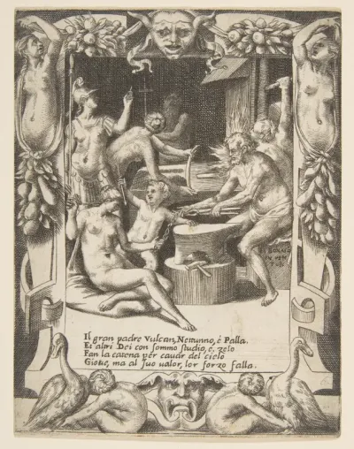 Vulcan, Neptune, Athena and other Gods making Shackles to pull Jupiter from the Heavens, set within an elaborate frame, from "Loves, Rages and Jealousies of Juno"