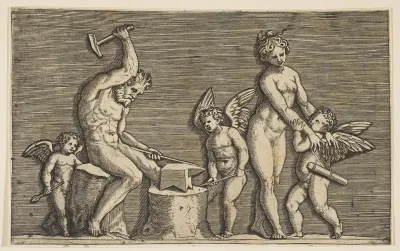 Vulcan seated hammering on an anvil flanked by Venus and three cupids