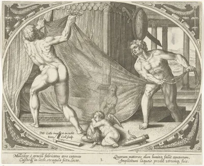Vulcanus hangt een ijzeren net boven het bed