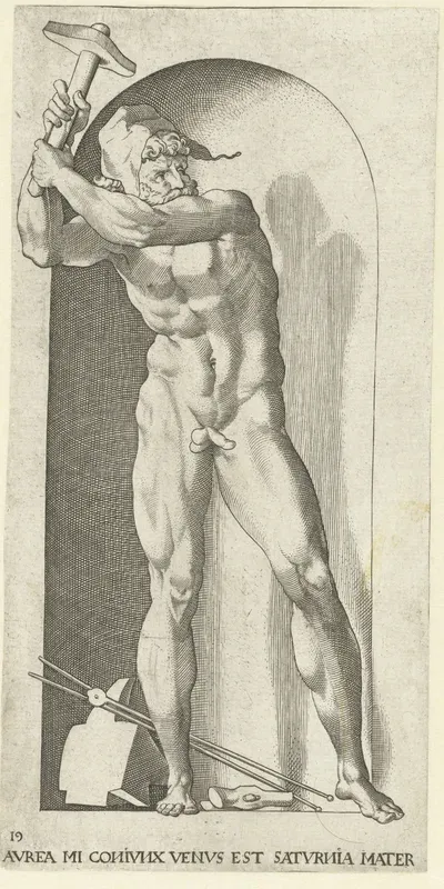 Vulcanus met hamers en aambeeld