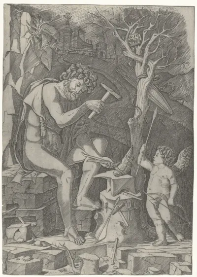 Vulcanus smeedt de vleugel van Cupido