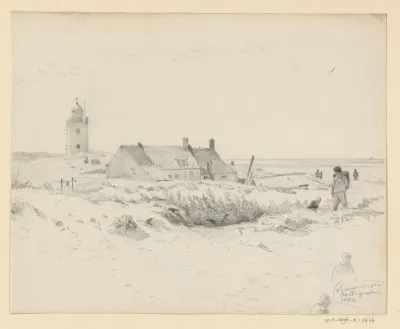 Vuurtoren en huis aan de kust bij Scheveningen