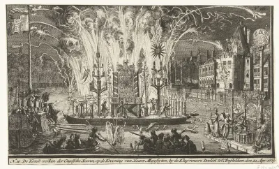 Vuurwerk bij de Kloveniersdoelen bij de kroning van Willem III, 1689