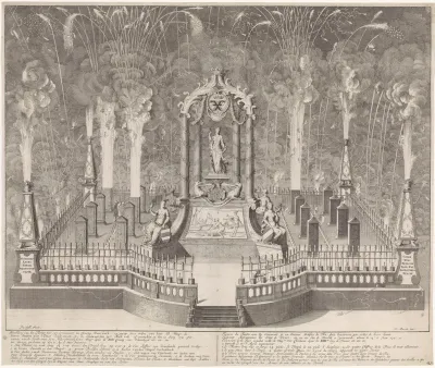 Vuurwerk bij de viering van de Vrede van Utrecht te Leeuwarden, 1713