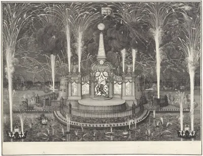 Vuurwerk bij de viering van de Vrede van Utrecht te Rotterdam, 1713