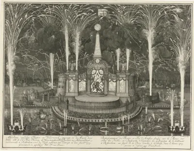 Vuurwerk bij de viering van de Vrede van Utrecht te Rotterdam, 1713