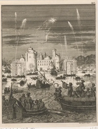Vuurwerk en gondelvaart bij het doorsteken van de Nijldijk te Caïro