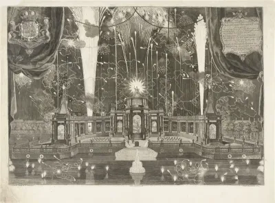 Vuurwerk ter ere van de Vrede van Aken bij het paviljoen op de hofvijver te Den Haag in 1749