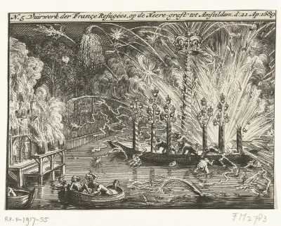 Vuurwerk van de Franse vluchtelingen op de Herengracht bij de kroning van Willem III, 1689