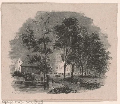 Vuurzee te midden van woningen en bomen
