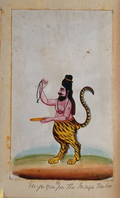Vyaghrapada, a maharishi with the head and torso of a man and legs and tail of a tiger, holding a necklace and a dish