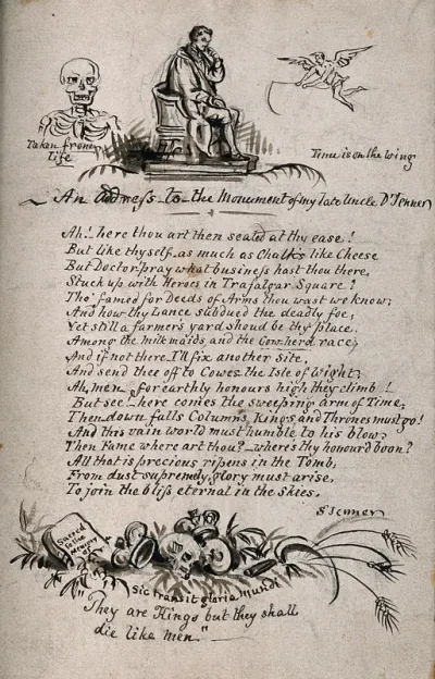 W. Calder Marshall's statue of Edward Jenner in Trafalgar Square, with verses and vignettes on the theme of memento mori (a skull, an angel and a tombstone). Ink drawing by S. Jenner, 1830/1850