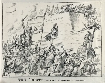 W.E. Gladstone and his Liberal allies, dressed as Roman soldiers, are about to defeat the Conservatives, who throw themselves from the citadel marked "Counties". Lithograph, ca. 1880