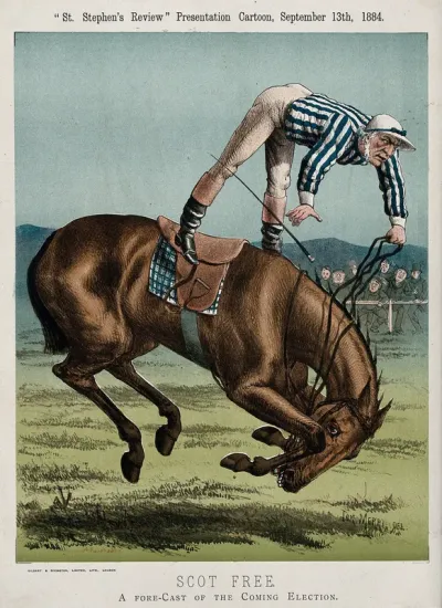 W.E. Gladstone as a jockey, falling from his horse. Colour lithograph by Gilbert & Rivington after Tom Merry, 1884