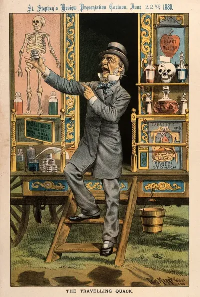 W.E. Gladstone as a quack doctor selling remedies from his caravan; representing his advocacy of the Home Rule Bill in Parliament. Chromolithograph by T. Merry, 1889