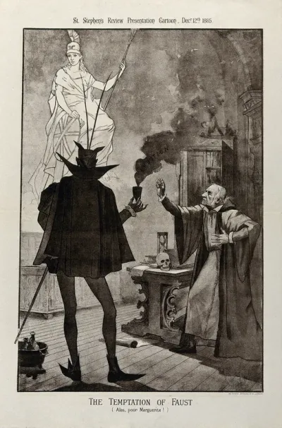 W.E. Gladstone as Dr. Faustus making a pact with Mephistopheles in order to satisfy his political ambitions. Lithograph by J.M Rogier, 12 December 1885