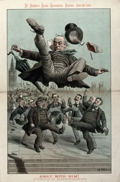 W.E. Gladstone being kicked out by opponents of his Irish Home Rule bill after the failure of the bill on 8 June 1886. Colour lithograph by Tom Merry, 1886