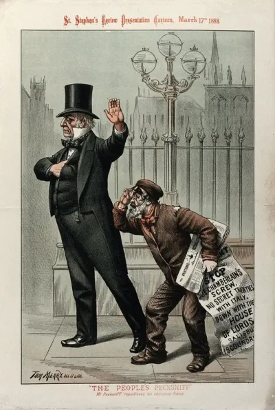 W.E. Gladstone in the character of Mr Pecksniff gestures away a persistent newspaper seller (C.S. Parnell?). Colour lithograph by Tom Merry after himself, 17 March 1888