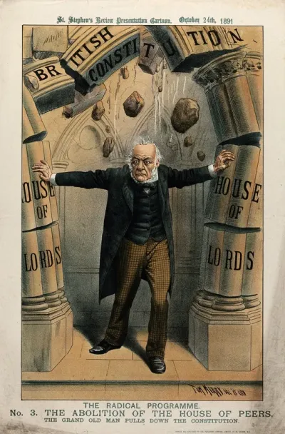 W.E. Gladstone represented as Samson destroying the pillars of the British Constitution by abolition of the House of Lords. Colour lithograph by Tom Merry, 24 October 1891