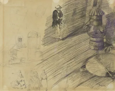 Waaier, lamp en figuren (recto)