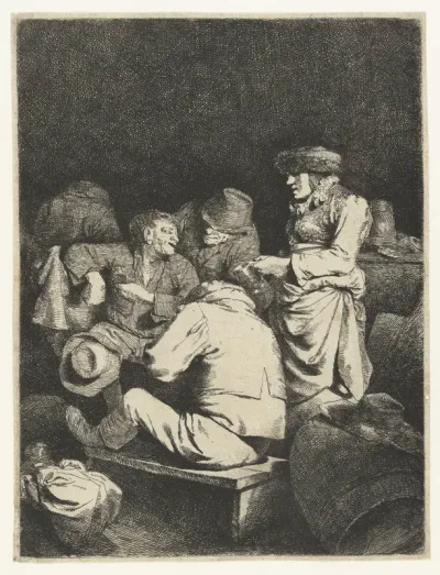 Waardin en gezelschap in herberg