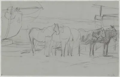 Wachtende paarden bij bomschuiten op het strand