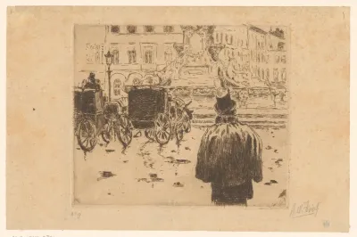 Wachtende rijtuigen bij een fontein op een plein