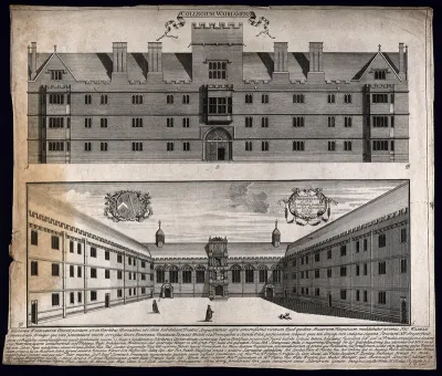 Wadham College, Oxford: exterior, quadrangle with a key and coat of arms