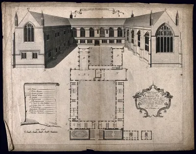 Wadham College, Oxford: panoramic view with a keyed floor plan