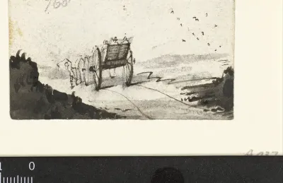 Wagen met passagiers in een landschap, van achteren