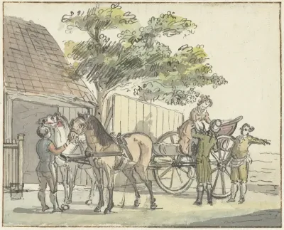 Wagen met twee paarden bij de uitspanning De Donkere Kuil bij Haarlem