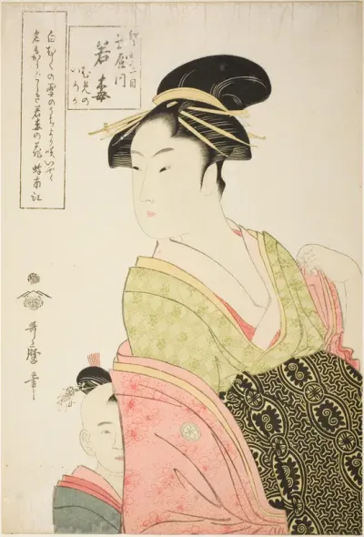 Wakaume of the Tamaya in Edo-cho itchome, and her child attendants Mumeno and Iroka (Edo-cho itchome, Tamaya uchi Wakaume Mumeno Iroka)