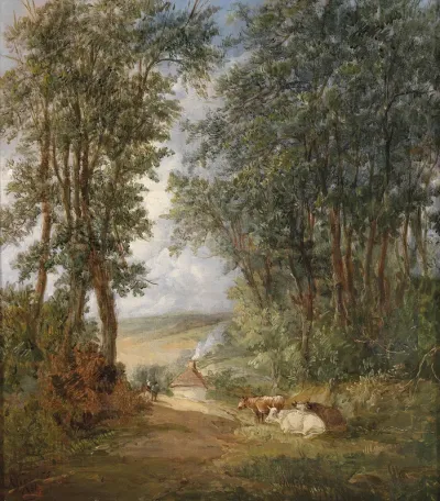 Waldlandschaft mit rastenden Kühen im Vordergrund