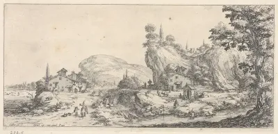 Walking and mounted figures surrounding a river traversed by a bridge, with a hilly outcrop and windmill, from "Italian landscapes" (Diverse vedute designate in Fiorenza / Paysages italiens)