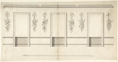 Wall Decorated with Musical and Military Trophies and Three Windows