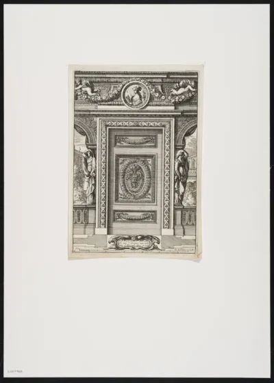 Wall decoration with 2 female figures, friezes with leaf motives and garlands held by putti.